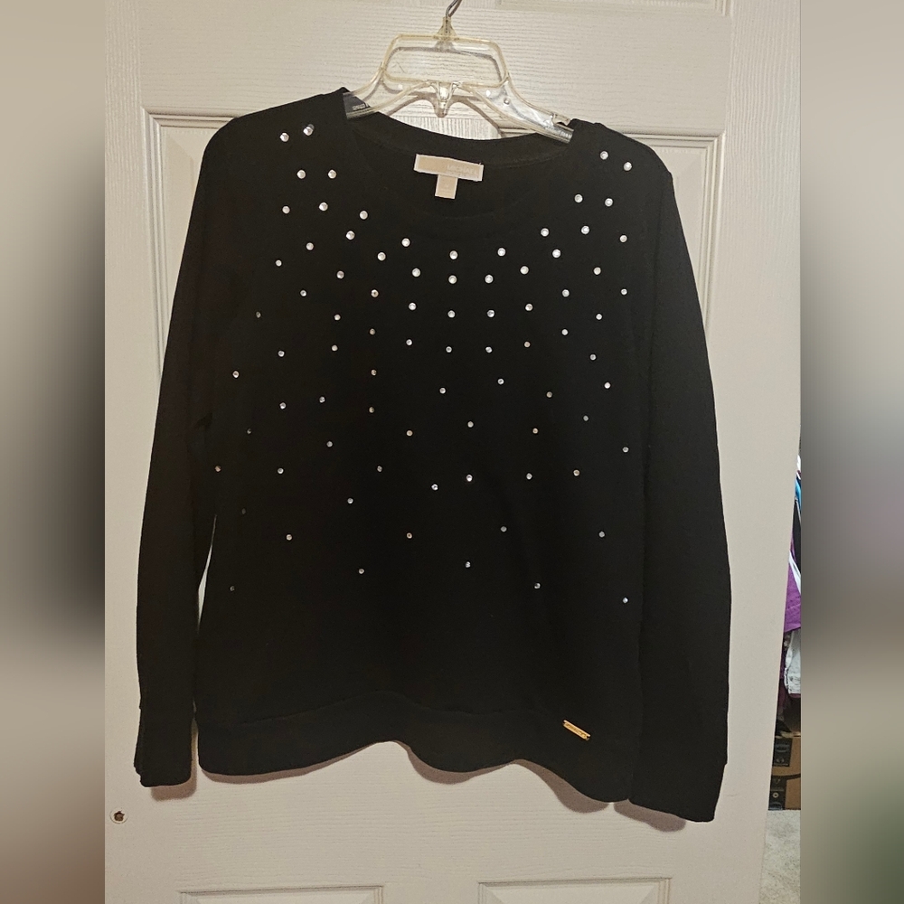 Michael Kors Black  Crew Neck Sweater with Rhinestone Embellishments Sz M